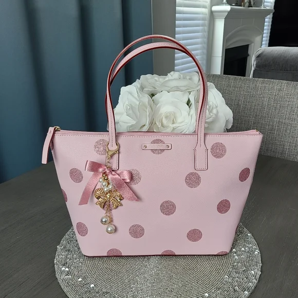 NWT - Kate Spade - Hani, Haven Lane Glitter Pink Polka Dot Tote - Picture 1 of 16